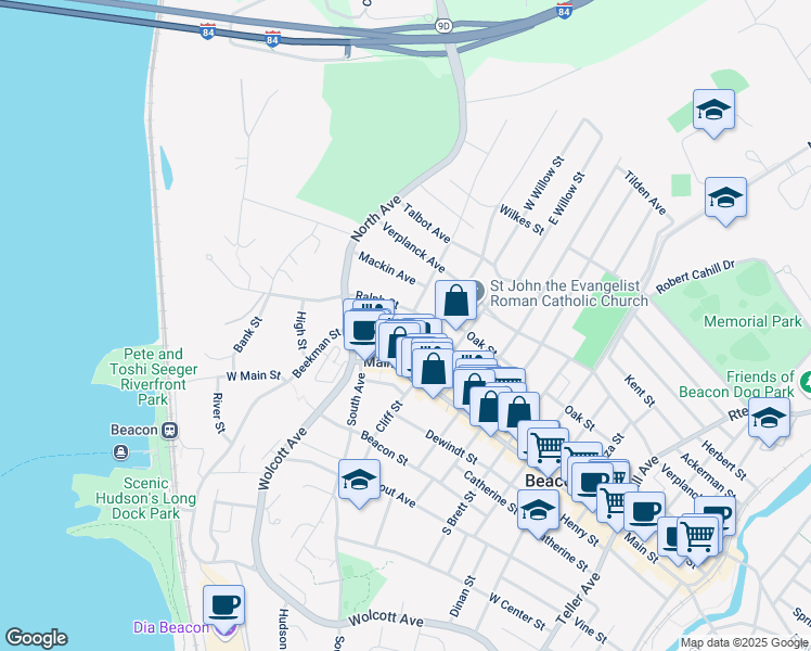 map of restaurants, bars, coffee shops, grocery stores, and more near 24 West Church Street in Beacon
