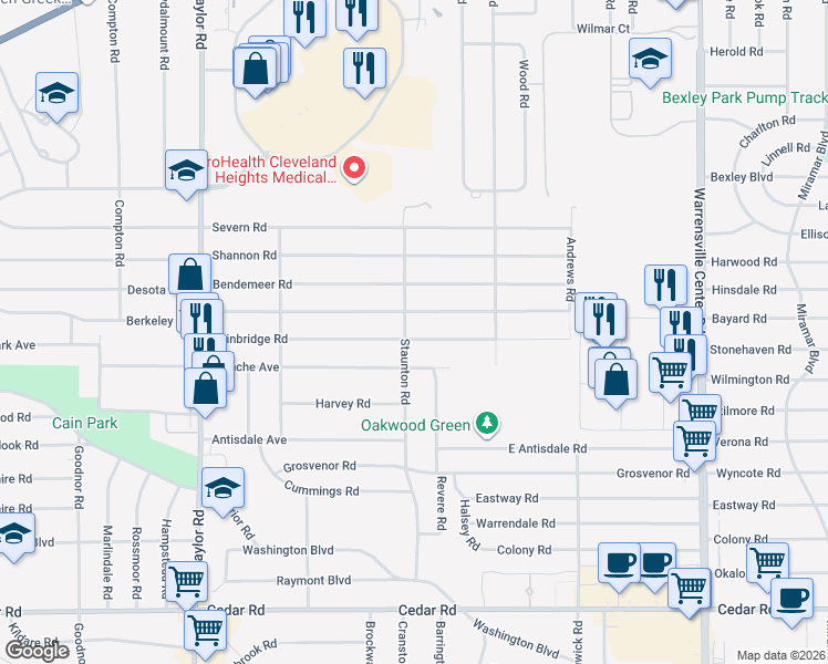 map of restaurants, bars, coffee shops, grocery stores, and more near 3687 Bainbridge Rd in Cleveland Heights