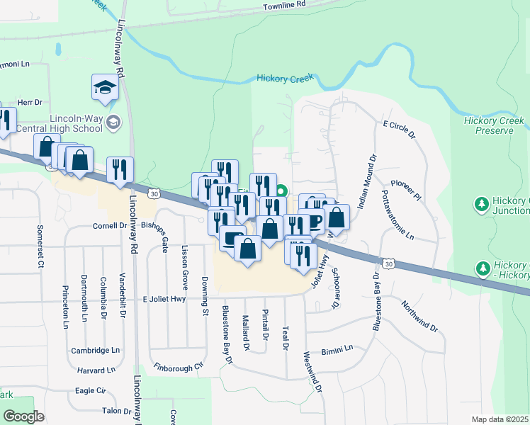 map of restaurants, bars, coffee shops, grocery stores, and more near 2401 East Lincoln Highway in New Lenox