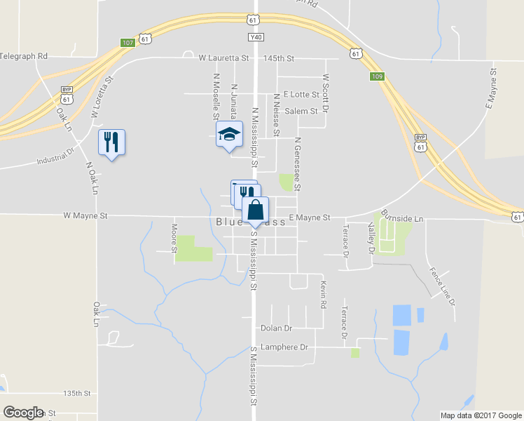 map of restaurants, bars, coffee shops, grocery stores, and more near 104 E Mayne St in Blue Grass