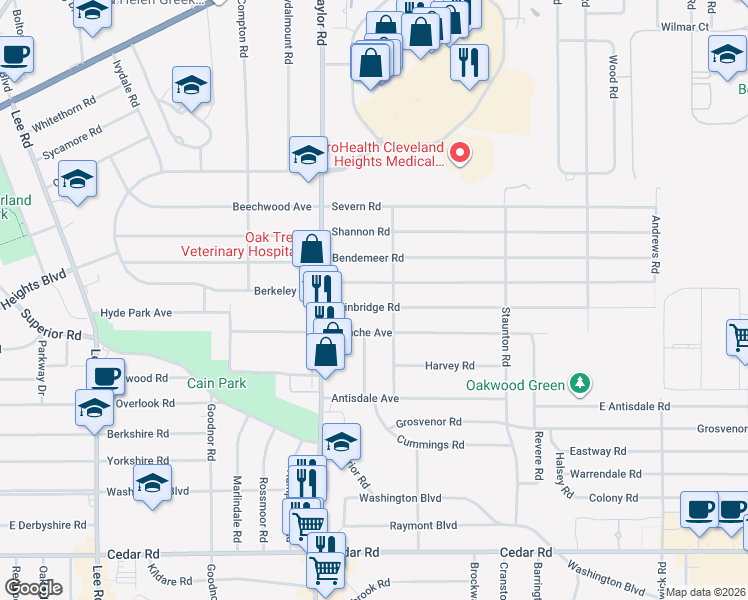 map of restaurants, bars, coffee shops, grocery stores, and more near 3521 Bainbridge Road in Cleveland Heights