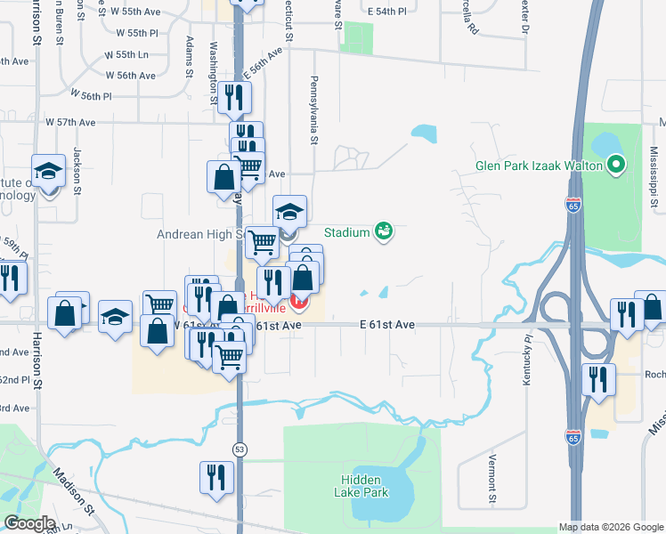 map of restaurants, bars, coffee shops, grocery stores, and more near 308 East 60th Drive in Merrillville