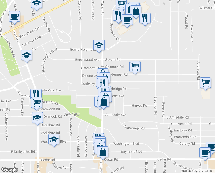 map of restaurants, bars, coffee shops, grocery stores, and more near 3483 Bainbridge Rd in Cleveland Heights