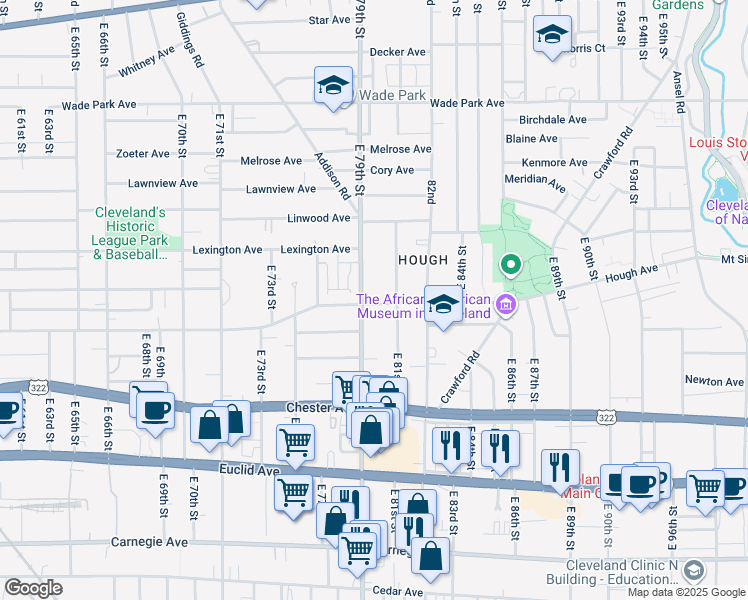 map of restaurants, bars, coffee shops, grocery stores, and more near 7911 Hough Avenue in Cleveland