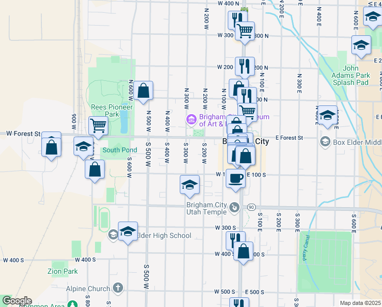 map of restaurants, bars, coffee shops, grocery stores, and more near 45 South 300 West in Brigham City