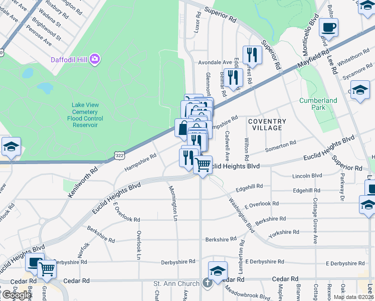 map of restaurants, bars, coffee shops, grocery stores, and more near 2769 Lancashire Road in Cleveland Heights