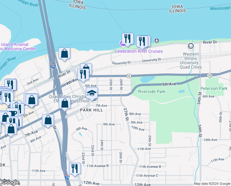 map of restaurants, bars, coffee shops, grocery stores, and more near 2515 6th Avenue in Moline