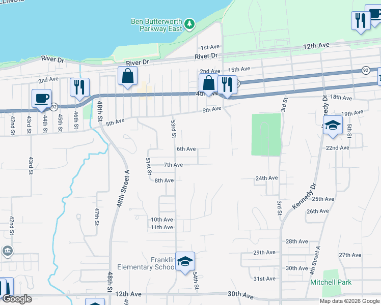 map of restaurants, bars, coffee shops, grocery stores, and more near 5334 6th Avenue in Moline