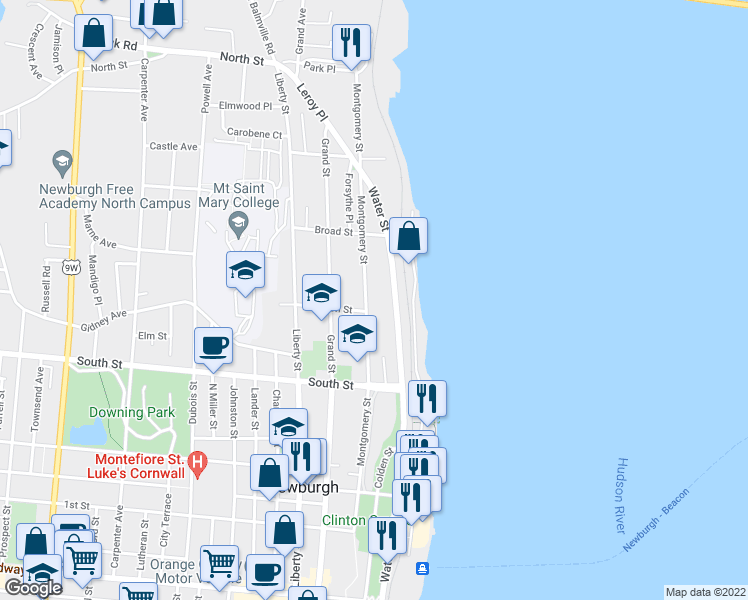 map of restaurants, bars, coffee shops, grocery stores, and more near 202 Montgomery Street in Newburgh