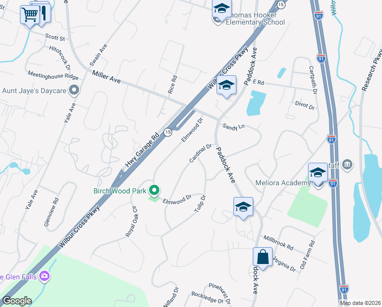 map of restaurants, bars, coffee shops, grocery stores, and more near 45 Cardinal Drive in Meriden