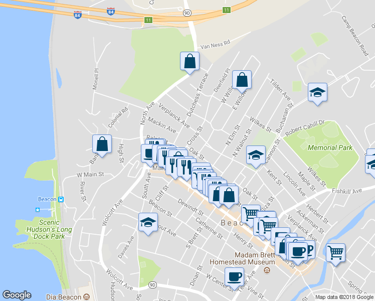 map of restaurants, bars, coffee shops, grocery stores, and more near 3 Oak St in Beacon