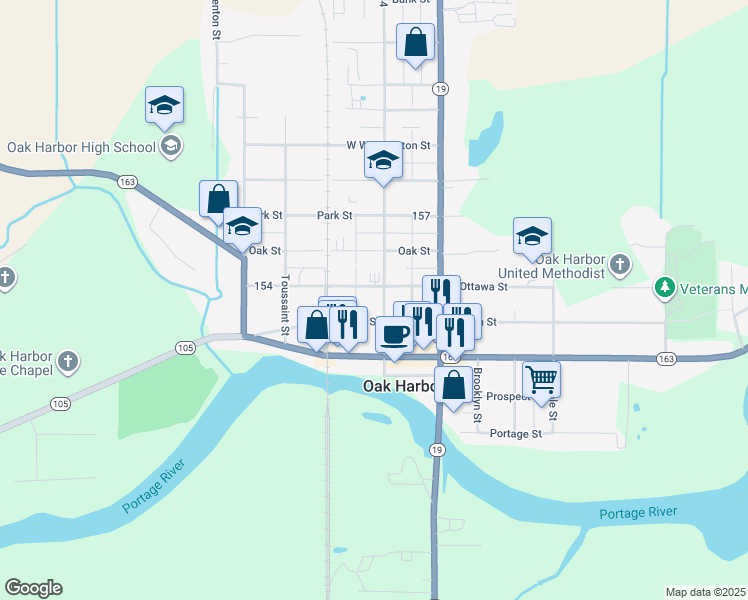 map of restaurants, bars, coffee shops, grocery stores, and more near 155 N Church St in Oak Harbor