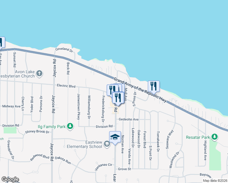 map of restaurants, bars, coffee shops, grocery stores, and more near 126 Lear Road in Avon Lake