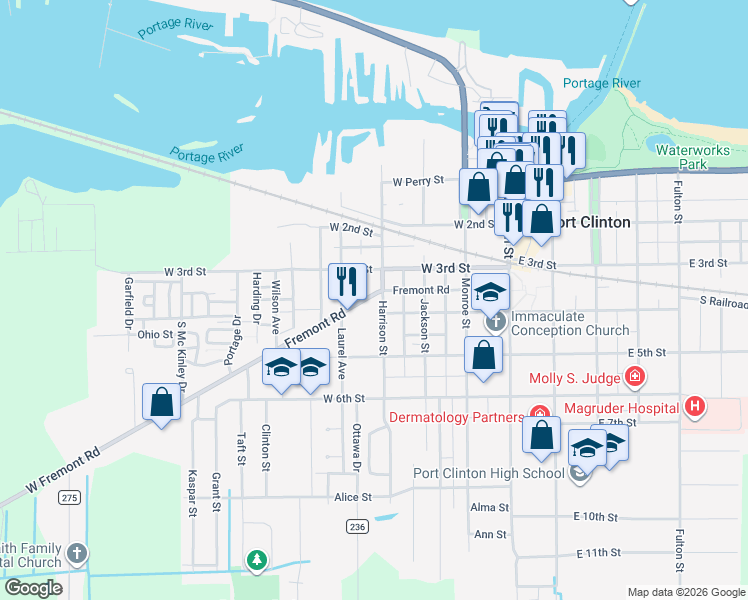 map of restaurants, bars, coffee shops, grocery stores, and more near 407 Fremont Road in Port Clinton