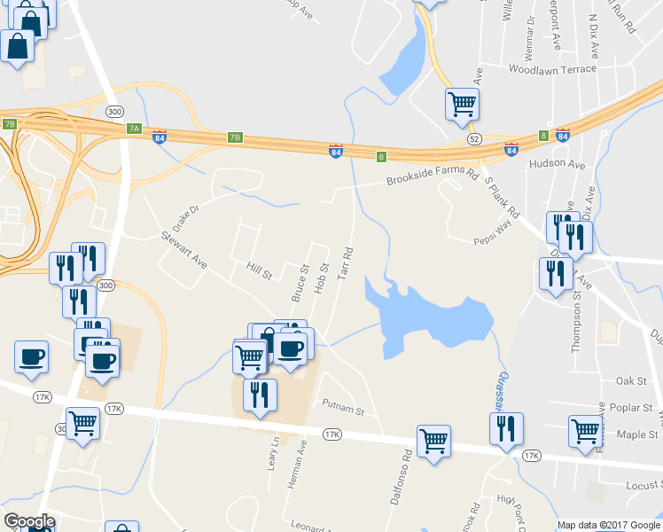 map of restaurants, bars, coffee shops, grocery stores, and more near 15 Hob Street in Newburgh