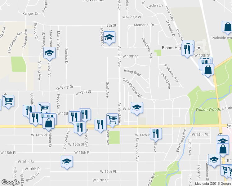 map of restaurants, bars, coffee shops, grocery stores, and more near 1204 Ashland Avenue in Chicago Heights