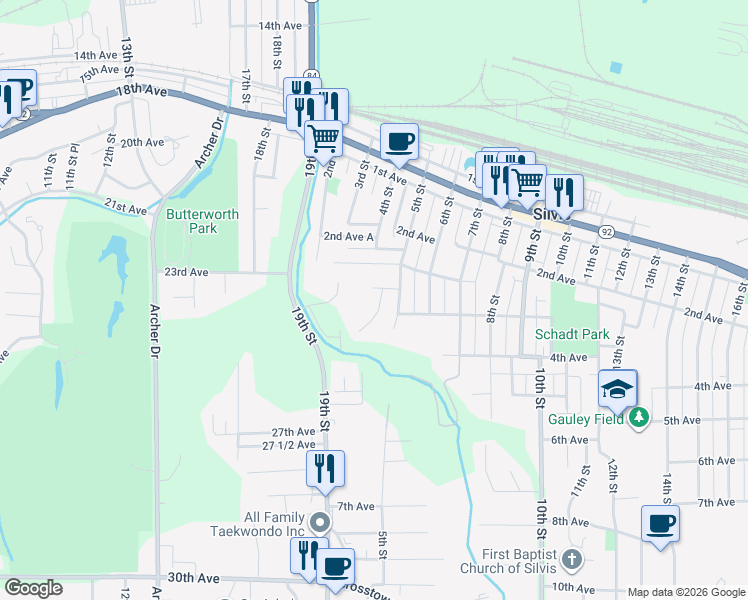 map of restaurants, bars, coffee shops, grocery stores, and more near 306 5th Street Court in Silvis
