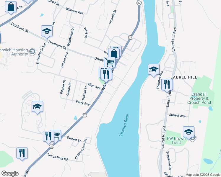 map of restaurants, bars, coffee shops, grocery stores, and more near 284 West Thames Street in Norwich