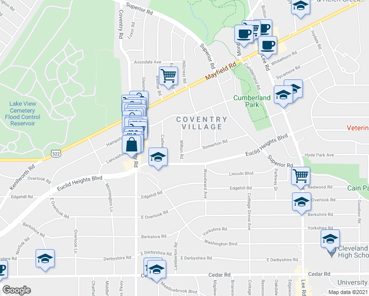 map of restaurants, bars, coffee shops, grocery stores, and more near 1837 Wilton Road in Cleveland Heights