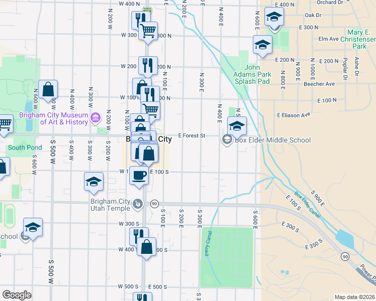 map of restaurants, bars, coffee shops, grocery stores, and more near 39 S 200 E in Brigham City