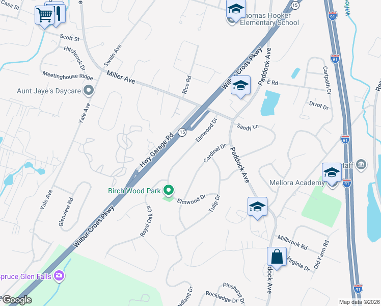 map of restaurants, bars, coffee shops, grocery stores, and more near 108 Elmwood Drive in Meriden