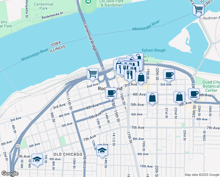 map of restaurants, bars, coffee shops, grocery stores, and more near in Rock Island
