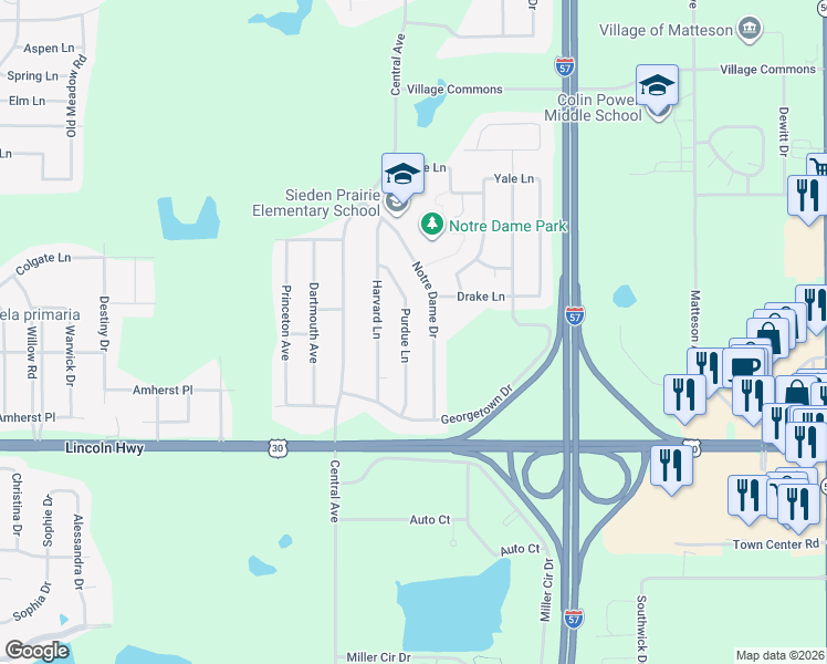 map of restaurants, bars, coffee shops, grocery stores, and more near 911 Purdue Lane in Matteson