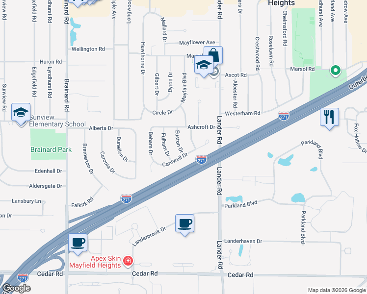 map of restaurants, bars, coffee shops, grocery stores, and more near 1871 Euston Drive in Mayfield Heights