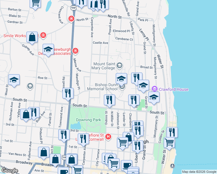 map of restaurants, bars, coffee shops, grocery stores, and more near 238 Powell Avenue in Newburgh