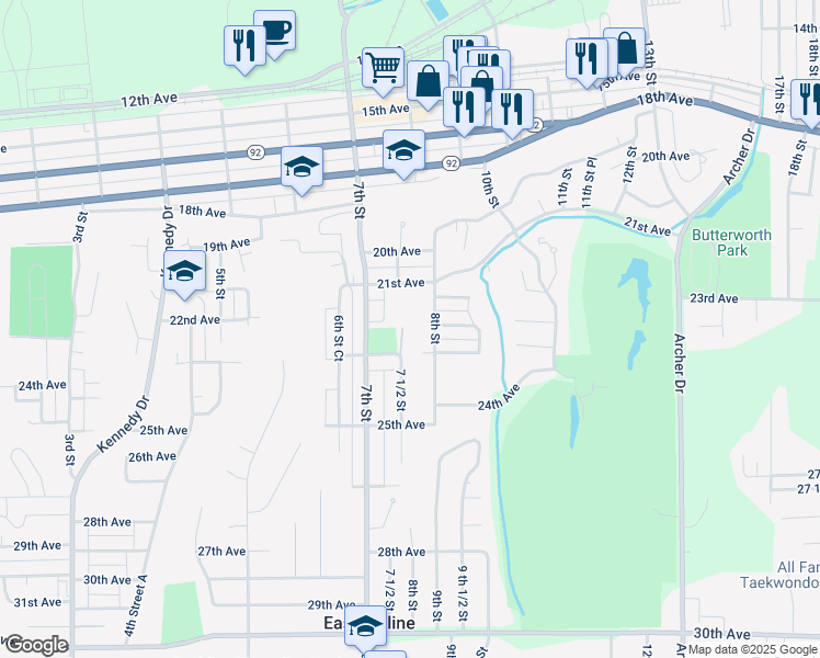 map of restaurants, bars, coffee shops, grocery stores, and more near 2204 7 1/2 Street in East Moline