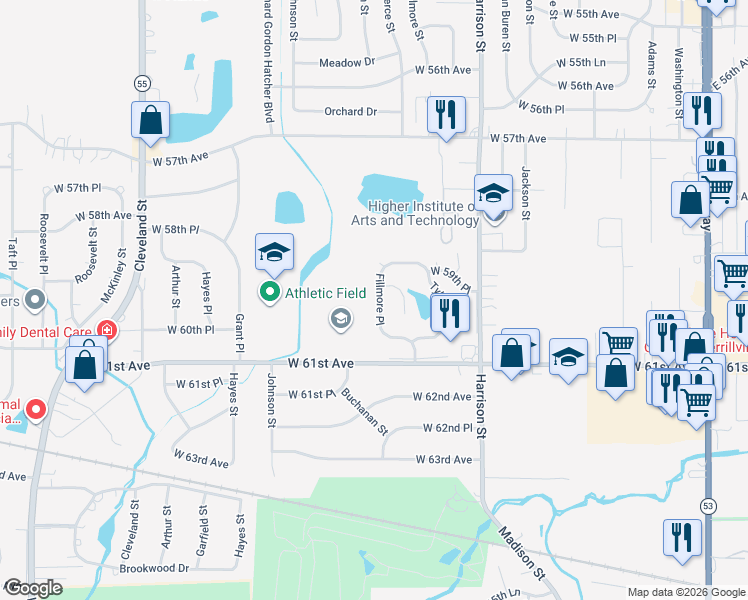 map of restaurants, bars, coffee shops, grocery stores, and more near 5994 Fillmore Place in Merrillville