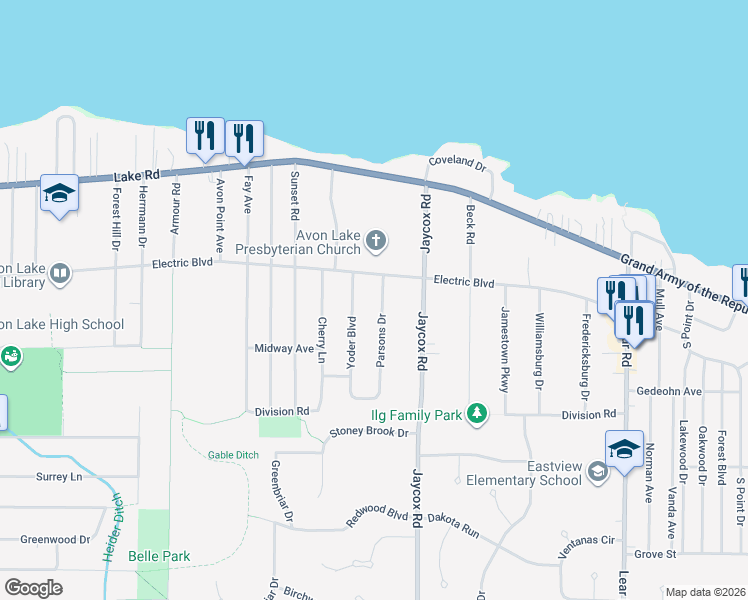 map of restaurants, bars, coffee shops, grocery stores, and more near 184 Parsons Drive in Avon Lake