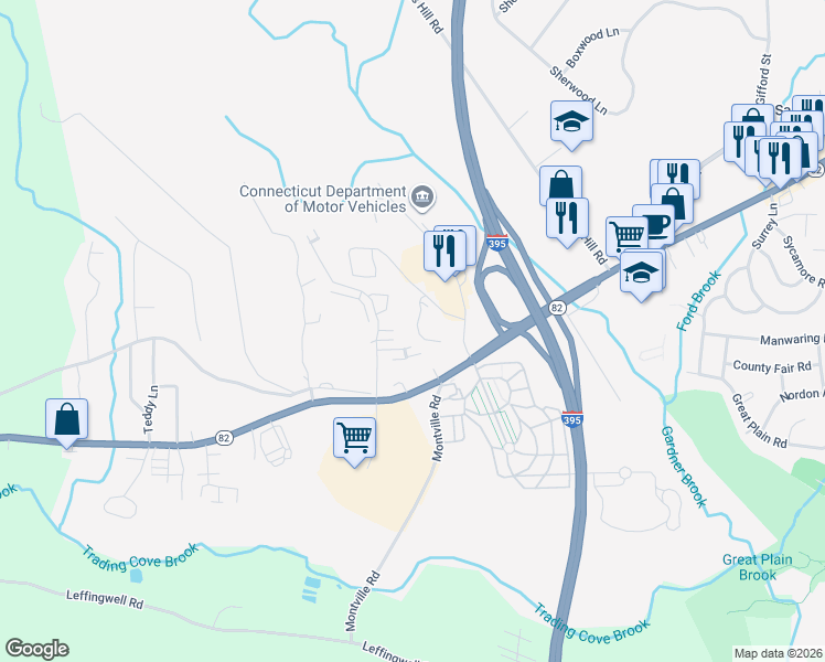 map of restaurants, bars, coffee shops, grocery stores, and more near 111 Sheraton Lane in Norwich