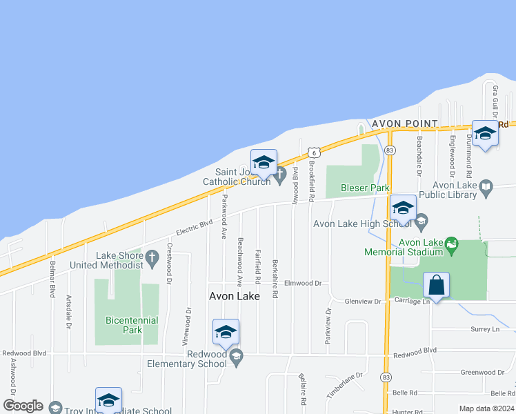 map of restaurants, bars, coffee shops, grocery stores, and more near Electric Blvd & Fairfield Rd in Avon Lake