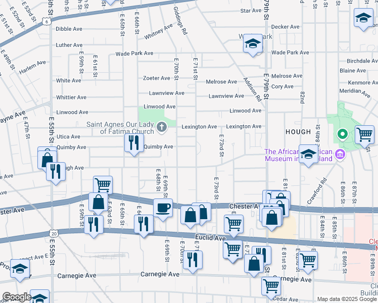 map of restaurants, bars, coffee shops, grocery stores, and more near 7024 Quimby Avenue in Cleveland