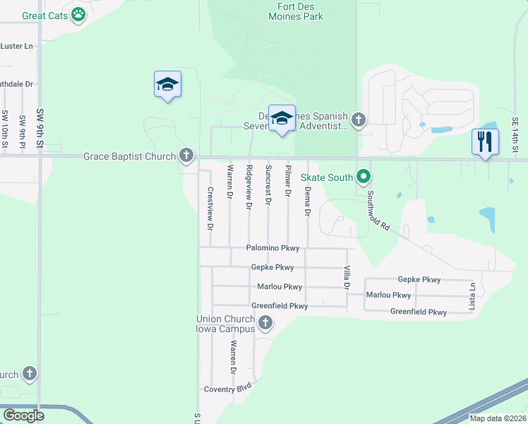 map of restaurants, bars, coffee shops, grocery stores, and more near 8046 Suncrest Drive in Des Moines
