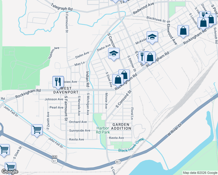 map of restaurants, bars, coffee shops, grocery stores, and more near 3208 Rockingham Road in Davenport