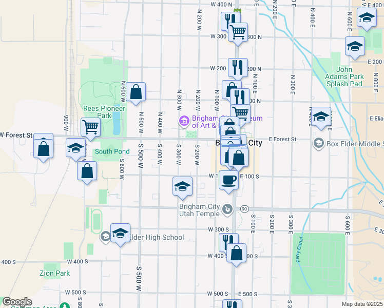 map of restaurants, bars, coffee shops, grocery stores, and more near 45 South 300 West in Brigham City