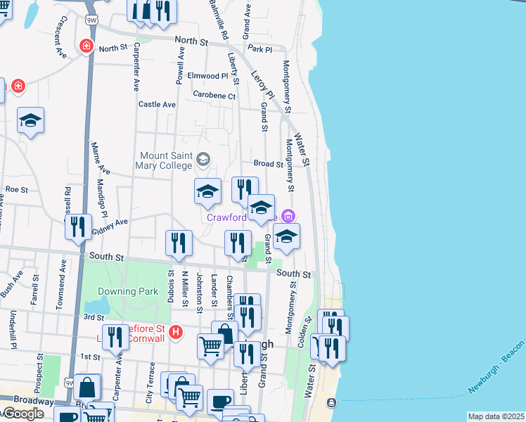 map of restaurants, bars, coffee shops, grocery stores, and more near 84 Clinton Street in Newburgh