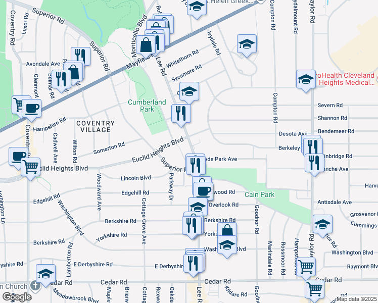 map of restaurants, bars, coffee shops, grocery stores, and more near 1833 Cumberland Road in Cleveland Heights