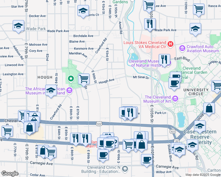map of restaurants, bars, coffee shops, grocery stores, and more near 9310 Amesbury Avenue in Cleveland