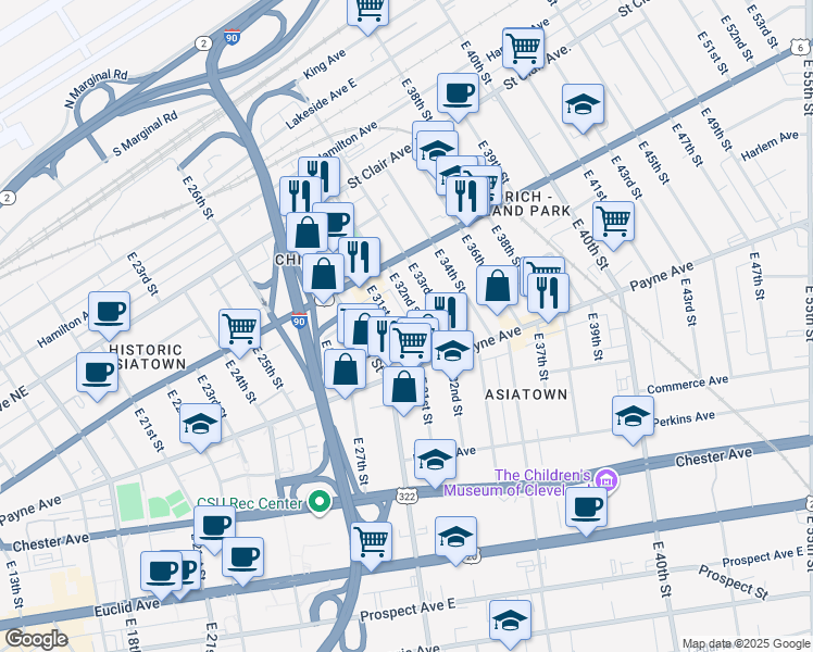 map of restaurants, bars, coffee shops, grocery stores, and more near 1588 East 32nd Street in Cleveland