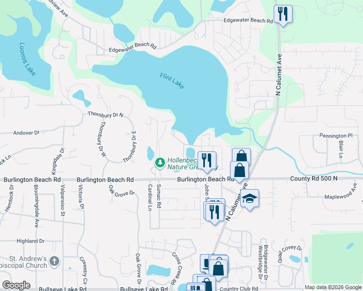 map of restaurants, bars, coffee shops, grocery stores, and more near 4701-4799 Island Rd in Valparaiso