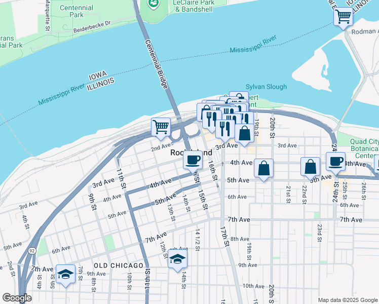 map of restaurants, bars, coffee shops, grocery stores, and more near in Rock Island