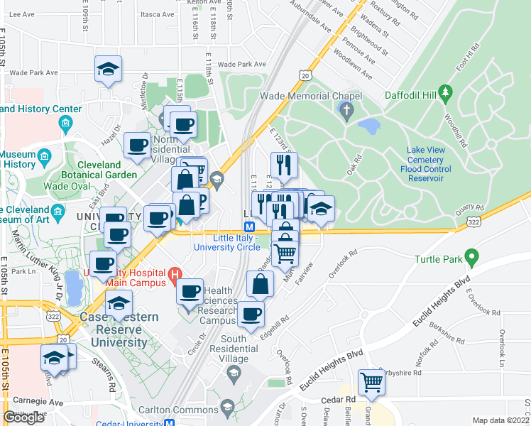 map of restaurants, bars, coffee shops, grocery stores, and more near 1970 East 120th Street in Cleveland