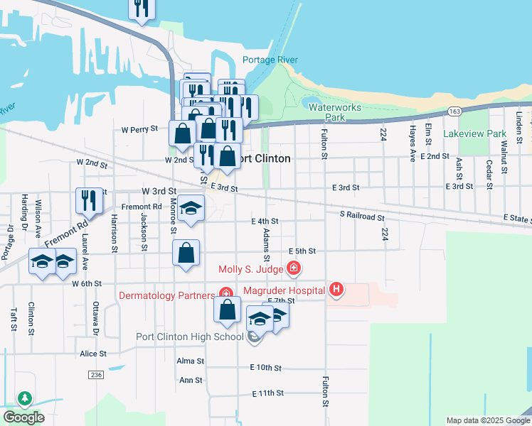 map of restaurants, bars, coffee shops, grocery stores, and more near Adams Street in Port Clinton