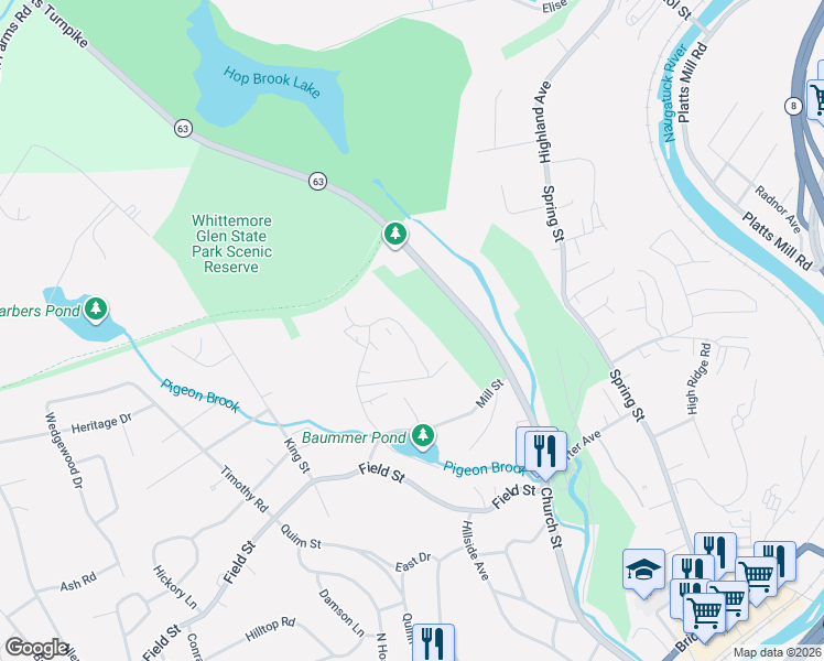 map of restaurants, bars, coffee shops, grocery stores, and more near 69 Ridge Road in Naugatuck