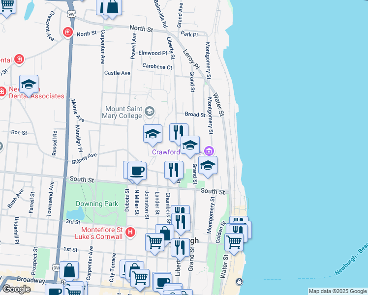 map of restaurants, bars, coffee shops, grocery stores, and more near 84 Clinton Street in Newburgh