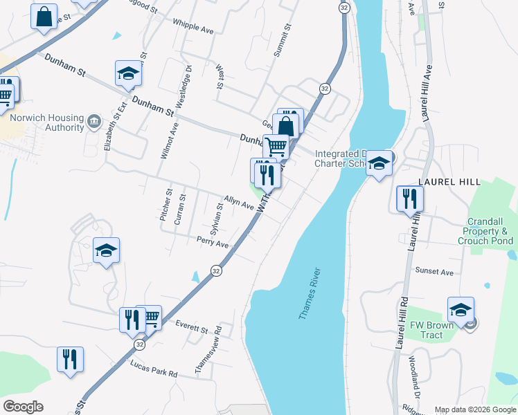 map of restaurants, bars, coffee shops, grocery stores, and more near 297 West Thames Street in Norwich