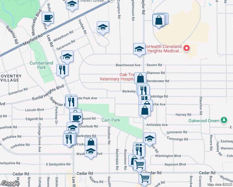 map of restaurants, bars, coffee shops, grocery stores, and more near 3360 Berkeley Road in Cleveland Heights